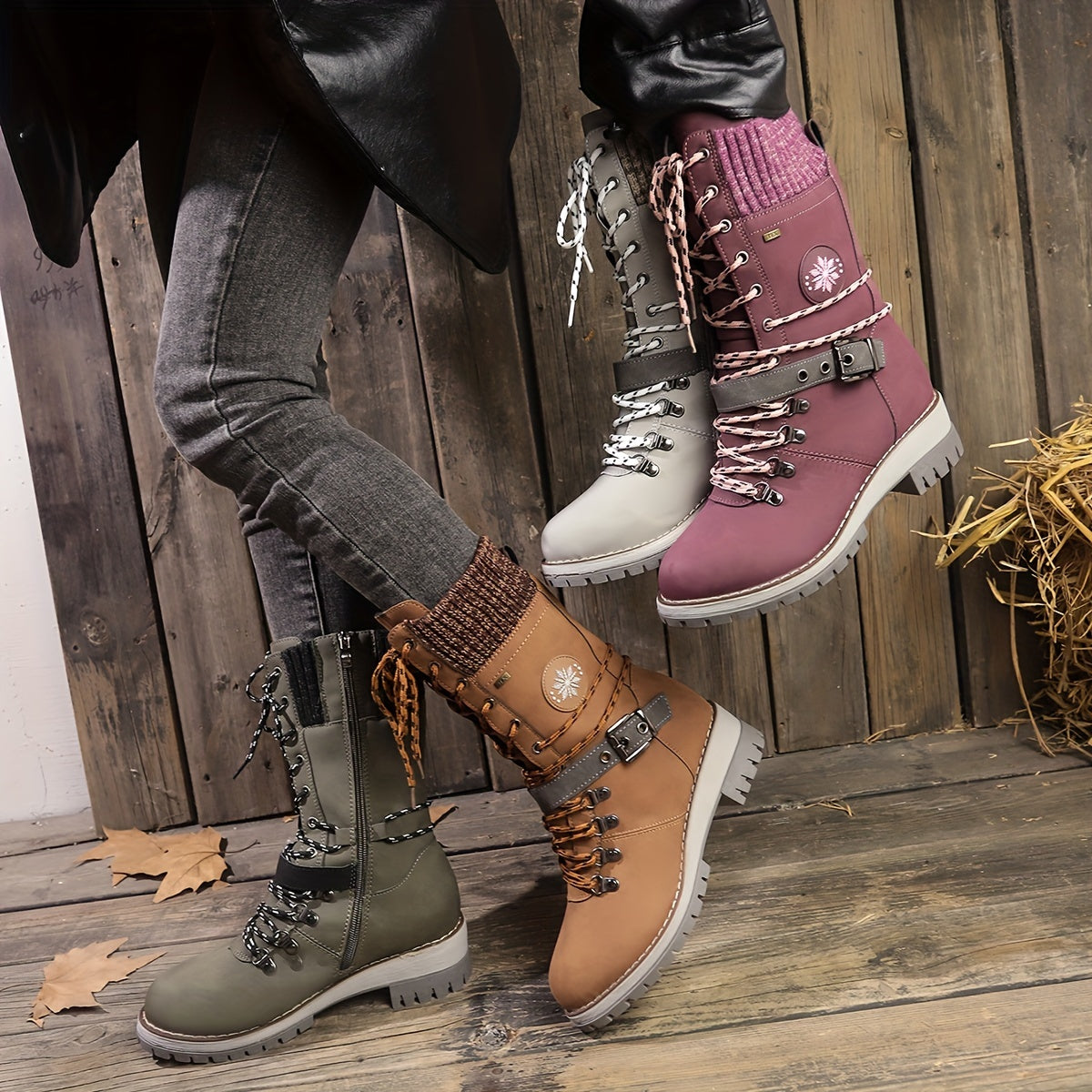 Womens Solid Color Trendy Boots Side Zipper Buckle Belt Knitted Rim Boots Nonslip MidCalf Winter Boots